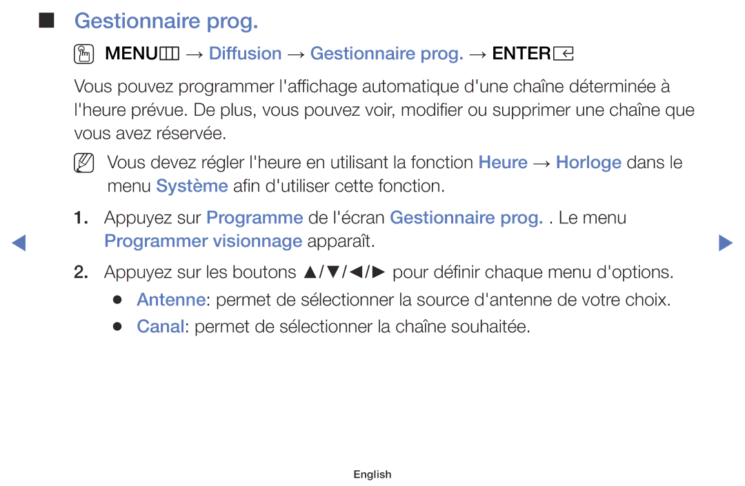 Samsung LT32E310EX/EN manual OO MENUm → Diffusion → Gestionnaire prog. → Entere, Programmer visionnage apparaît 