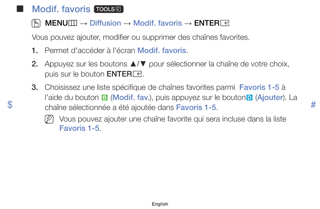 Samsung LT32E310EX/EN, LT32E310EXQ/EN manual Modif. favoris t, OO MENUm → Diffusion → Modif. favoris → Entere, Favoris 1-5 à 