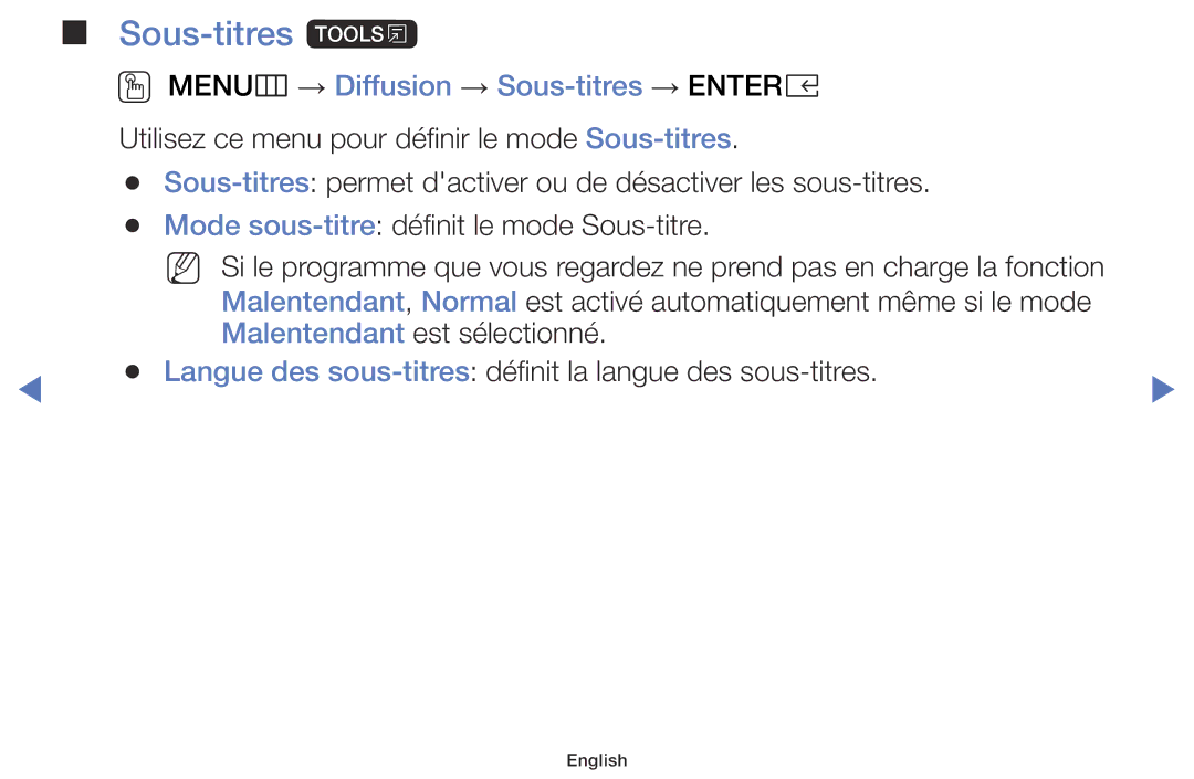 Samsung LT32E316EX/EN, LT32E310EXQ/EN, LT28E310EXQ/EN manual Sous-titres t, OO MENUm → Diffusion → Sous-titres → Entere 