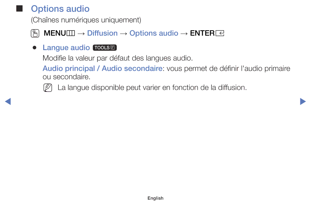 Samsung LT32E310EX/EN, LT32E310EXQ/EN, LT28E310EXQ/EN manual OO MENUm → Diffusion → Options audio → Entere Langue audio t 