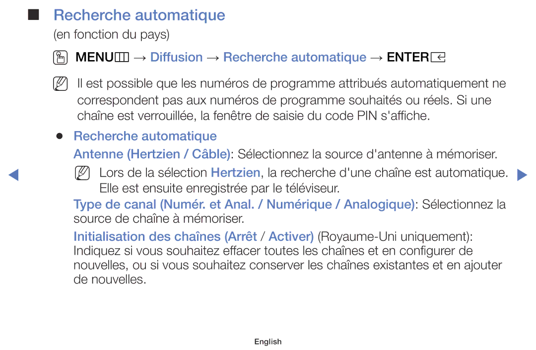 Samsung LT28E310EX/EN, LT32E310EXQ/EN, LT28E310EXQ/EN manual OO MENUm → Diffusion → Recherche automatique → Entere 