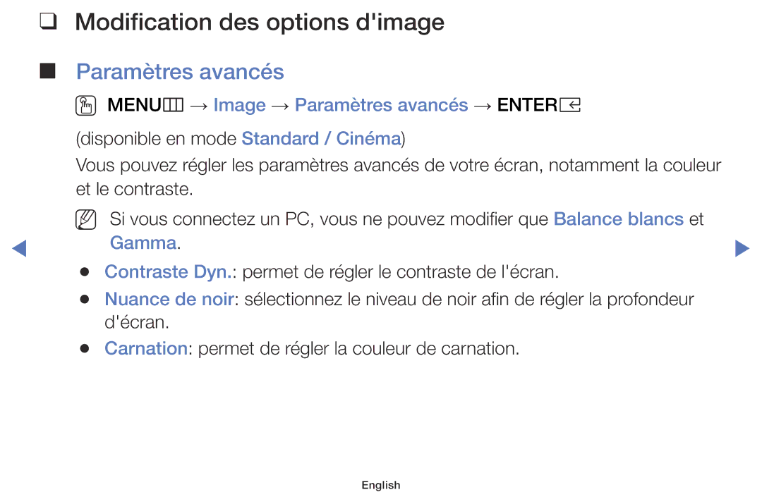 Samsung LT28E316EX/EN manual Modification des options dimage, OO MENUm → Image → Paramètres avancés → Entere, Gamma 