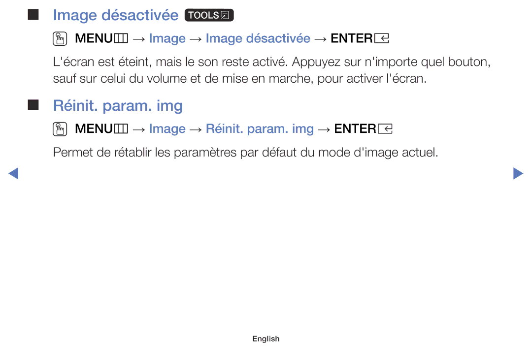 Samsung LT28E316EX/EN, LT32E310EXQ/EN Image désactivée t, Réinit. param. img, OO MENUm → Image → Image désactivée → Entere 