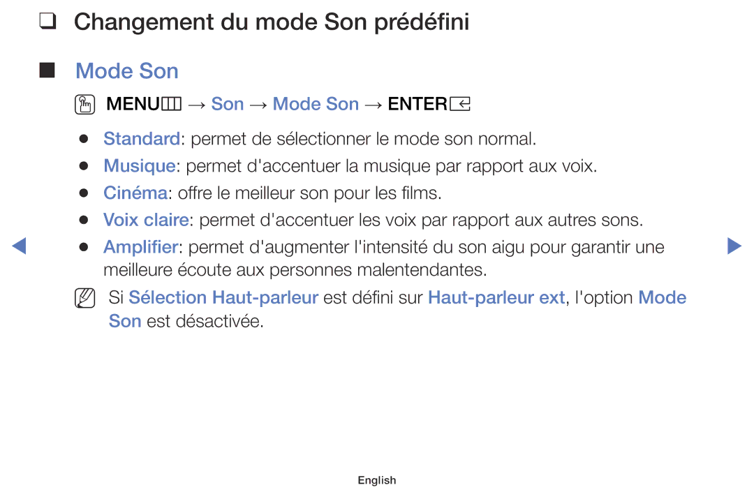 Samsung LT32E316EX/EN, LT32E310EXQ/EN, LT28E310EXQ/EN, LT28E316EX/EN manual Changement du mode Son prédéfini, Mode Son 