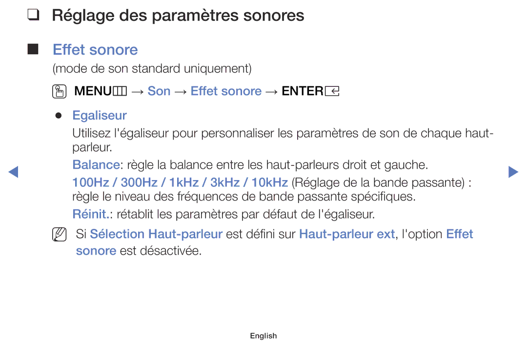 Samsung LT28E310EX/EN, LT32E310EXQ/EN Réglage des paramètres sonores, OO MENUm → Son → Effet sonore → Entere Egaliseur 