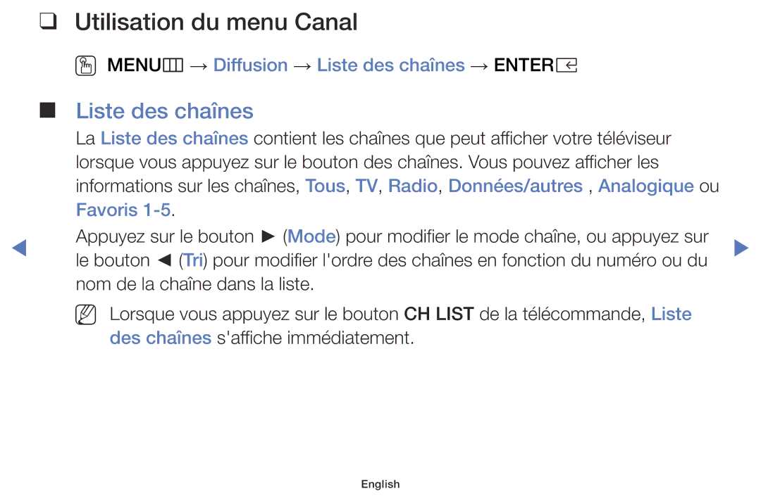 Samsung LT28E310EXQ/EN manual Utilisation du menu Canal, OO MENUm → Diffusion → Liste des chaînes → Entere, Favoris 