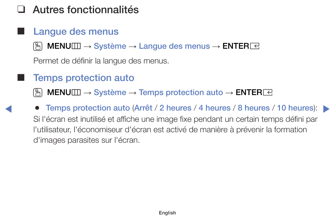 Samsung LT32E310EXQ/EN, LT28E310EXQ/EN manual Temps protection auto, OO MENUm → Système → Langue des menus → Entere 