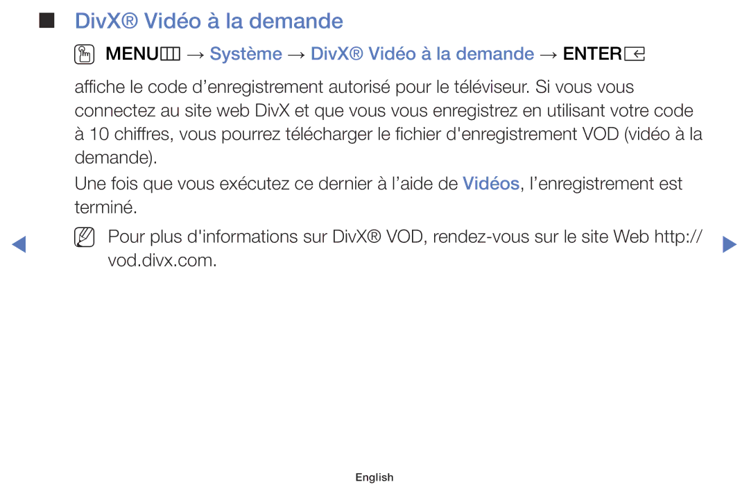 Samsung LT28E310EX/EN, LT32E310EXQ/EN, LT28E310EXQ/EN manual OO MENUm → Système → DivX Vidéo à la demande → Entere 