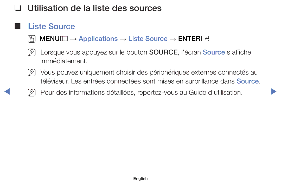 Samsung LT32E310EX/EN manual Utilisation de la liste des sources, OO MENUm → Applications → Liste Source → Entere 