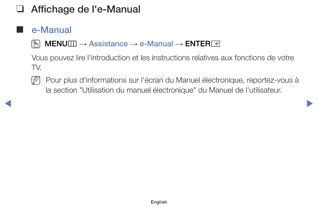 Samsung LT32E310EX/EN, LT32E310EXQ/EN, LT28E310EXQ/EN Affichage de le-Manual, OO MENUm → Assistance → e-Manual → Entere 