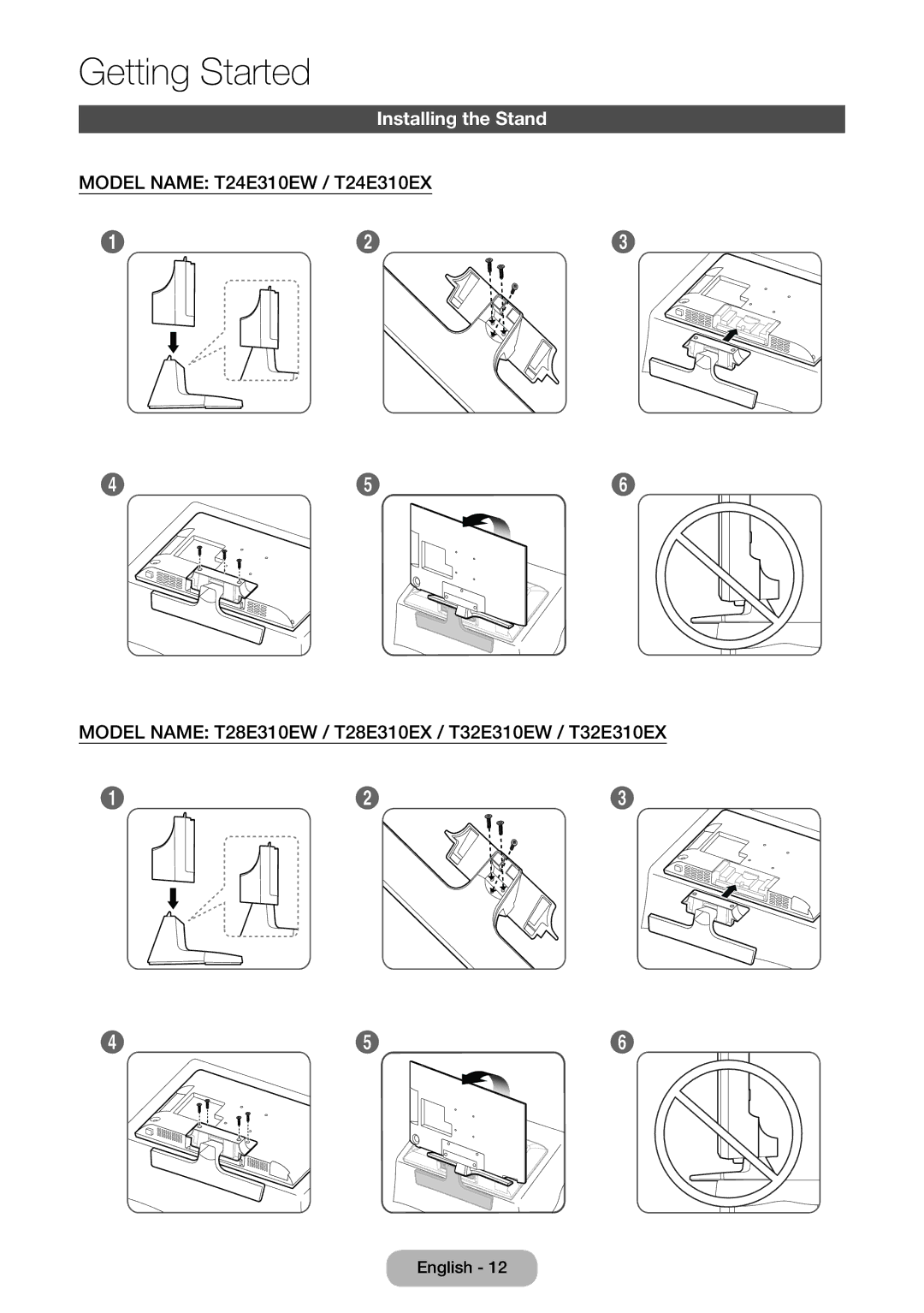 Samsung LT28E310EX/XE, LT32E310EXQ/EN manual Installing the Stand, Model Name T28E310EW / T28E310EX / T32E310EW / T32E310EX 