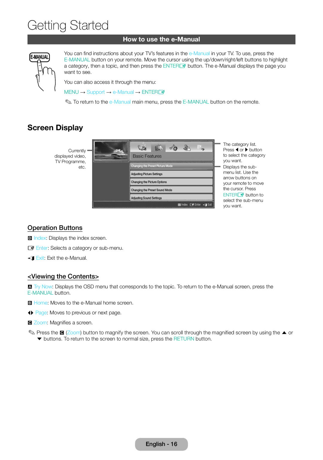 Samsung LT32E310EW/EN, LT32E310EXQ/EN Screen Display, How to use the e-Manual, Operation Buttons, Viewing the Contents 