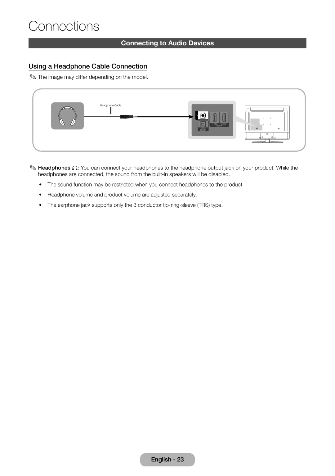 Samsung LT32E310EX/XU, LT32E310EXQ/EN, LT32E310EW/EN manual Connecting to Audio Devices, Using a Headphone Cable Connection 