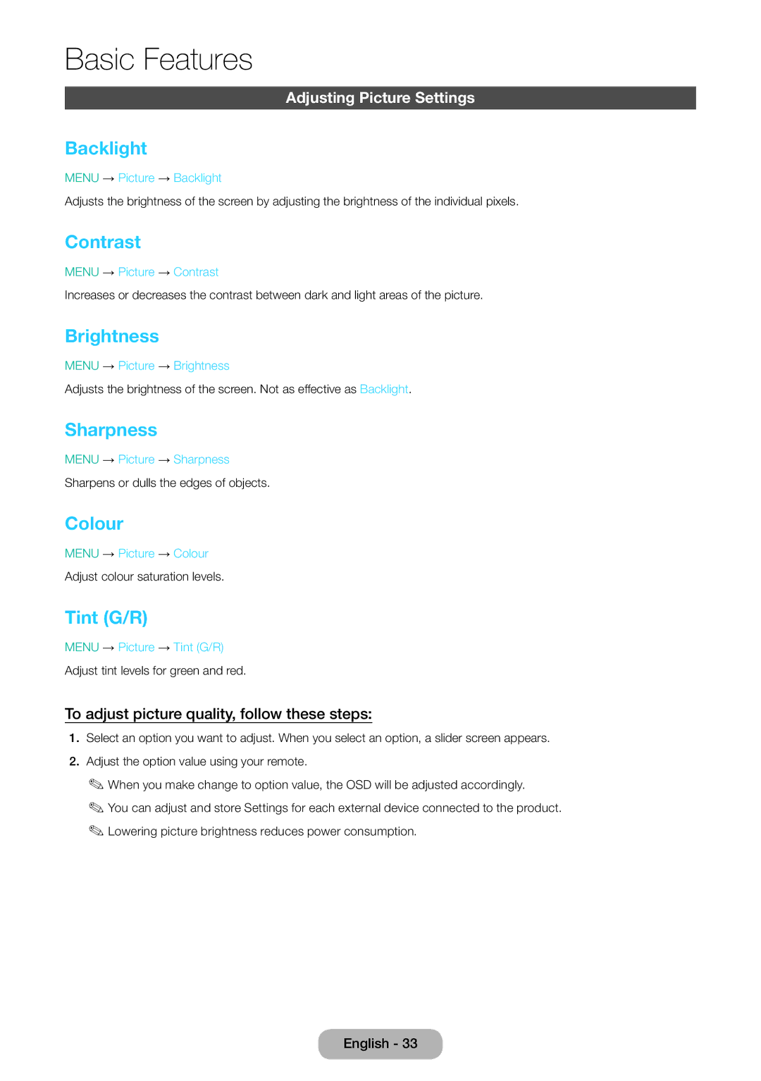 Samsung LT28E310EXQ/EN, LT32E310EXQ/EN, LT32E310EW/EN manual Backlight, Contrast, Brightness, Sharpness, Colour, Tint G/R 