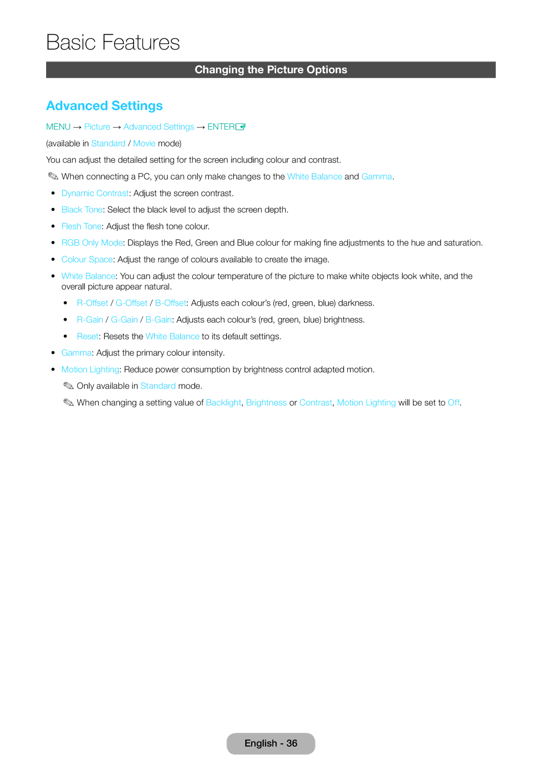 Samsung LT32E310EX/EN, LT32E310EXQ/EN, LT32E310EW/EN, LT28E310EW/EN manual Advanced Settings, Changing the Picture Options 