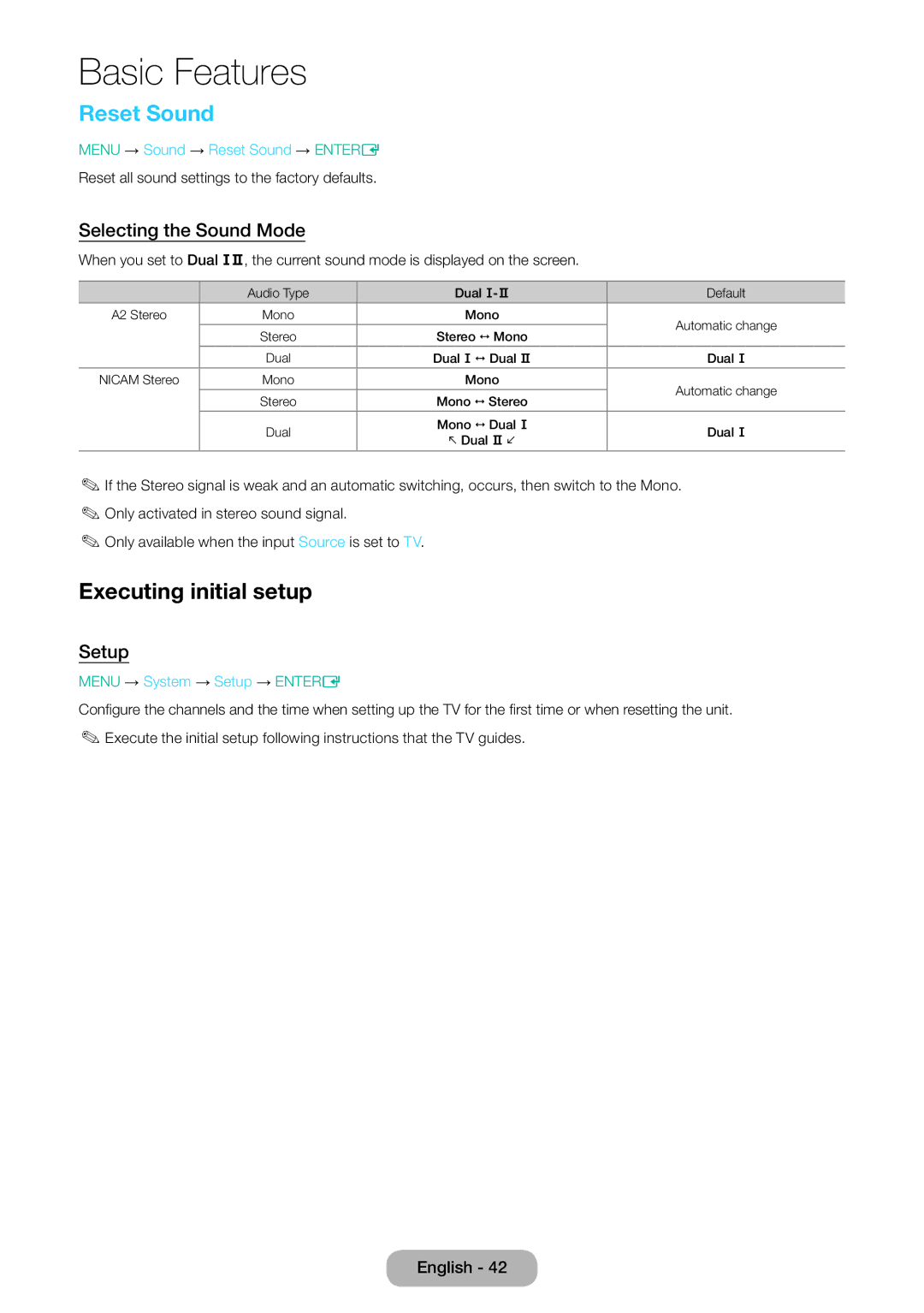 Samsung LT28E310EX/XE, LT32E310EXQ/EN, LT32E310EW/EN Reset Sound, Executing initial setup, Selecting the Sound Mode, Setup 