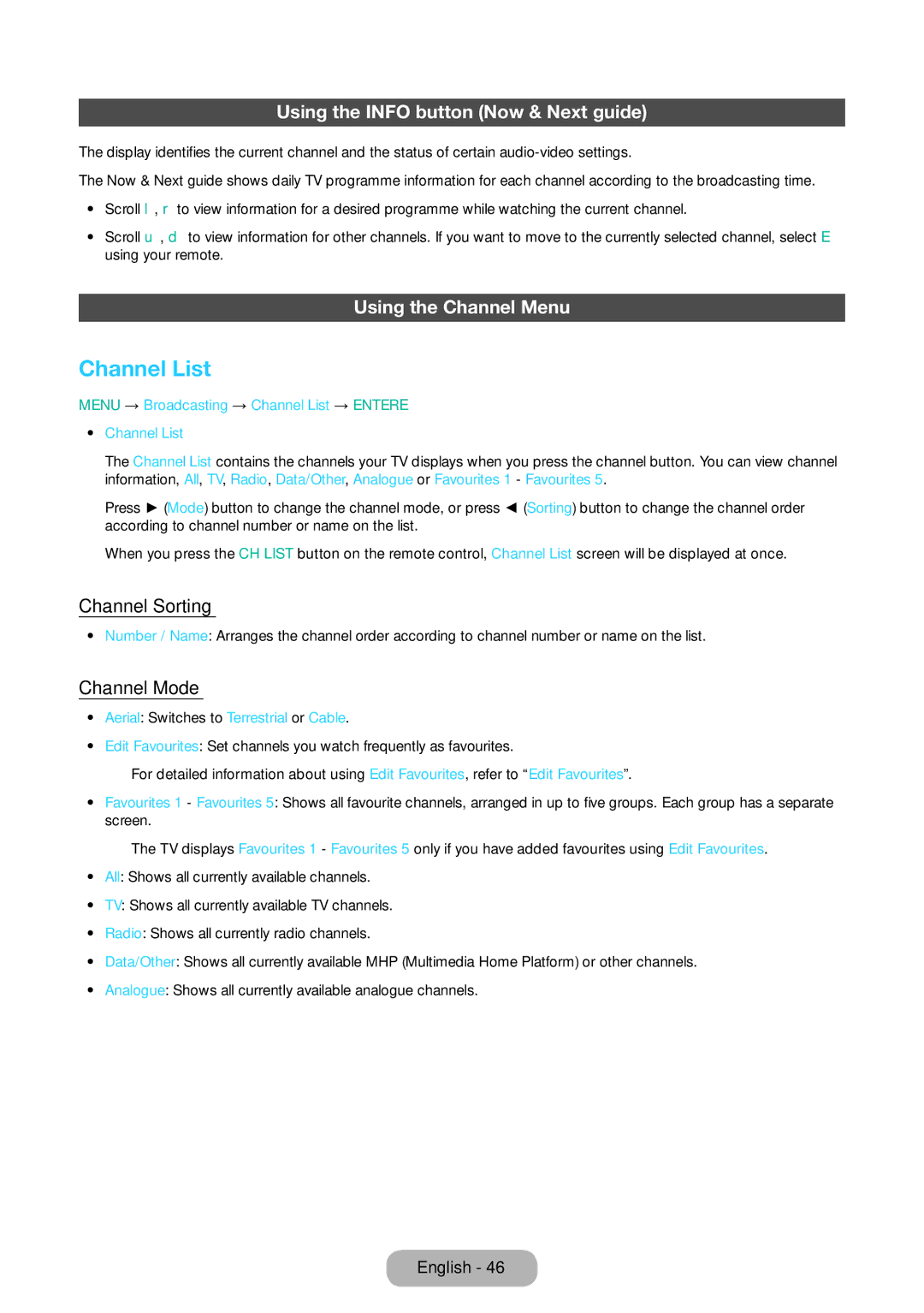 Samsung LT32E310EW/EN manual Channel List, Using the Info button Now & Next guide, Using the Channel Menu, Channel Sorting 