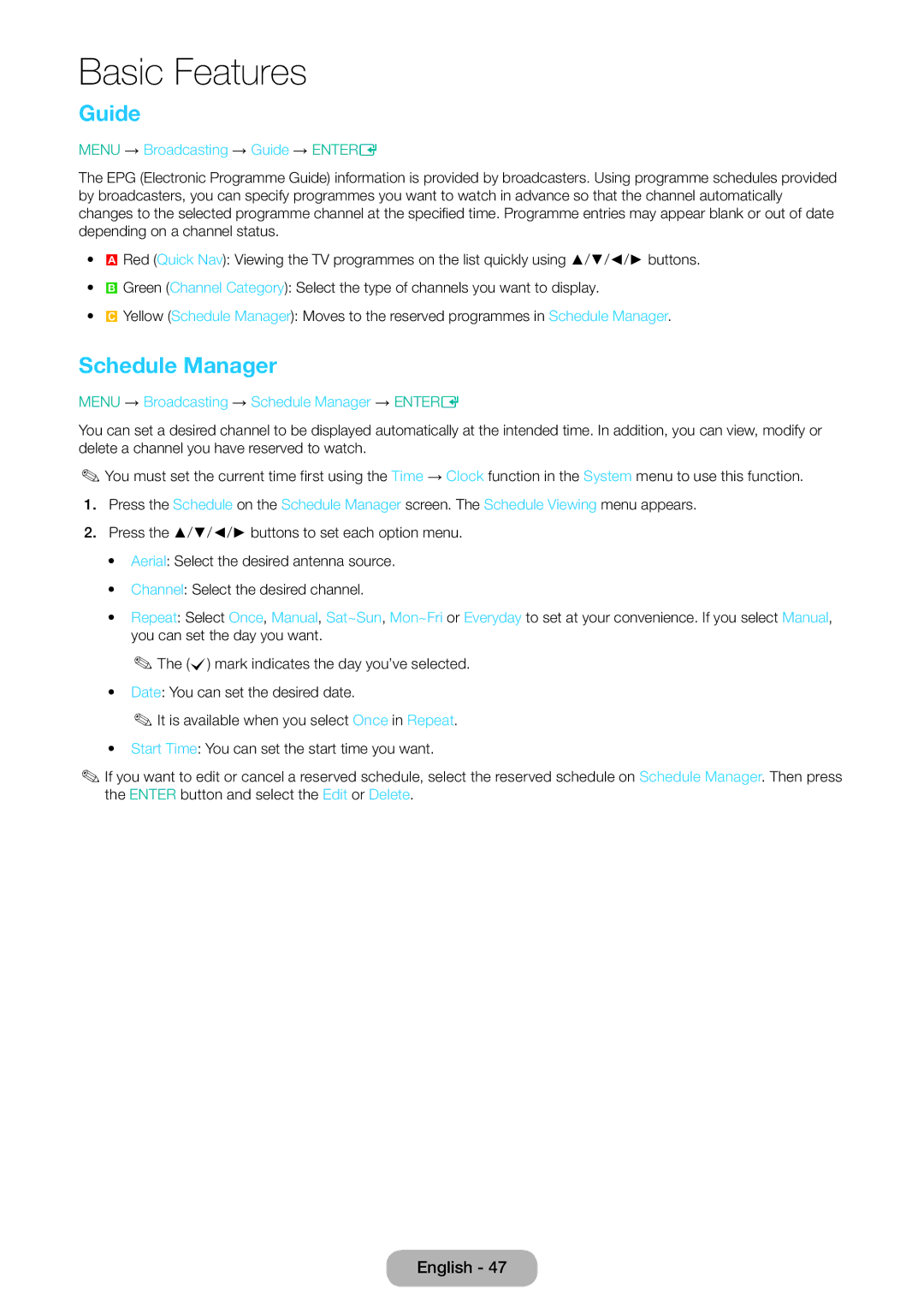 Samsung LT28E310EW/EN, LT32E310EXQ/EN, LT32E310EW/EN manual Schedule Manager, Menu → Broadcasting → Guide → Entere 