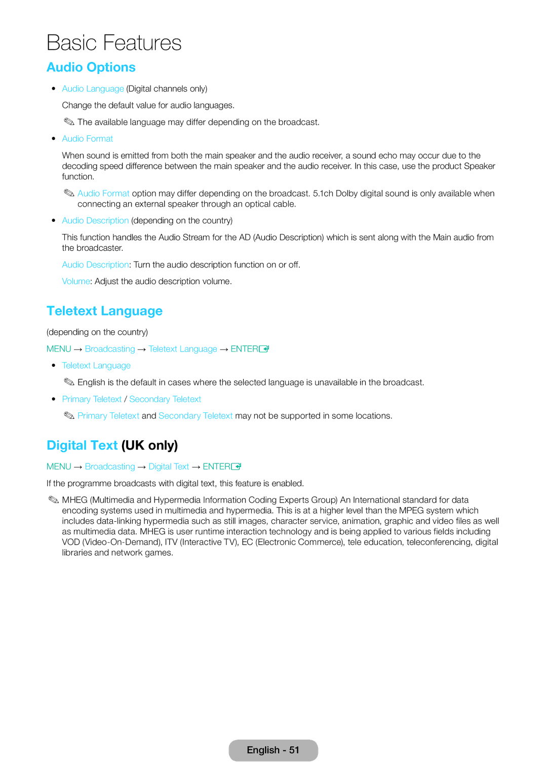 Samsung LT32E310EX/EN, LT32E310EXQ/EN, LT32E310EW/EN, LT28E310EW/EN Audio Options, Teletext Language, Digital Text UK only 