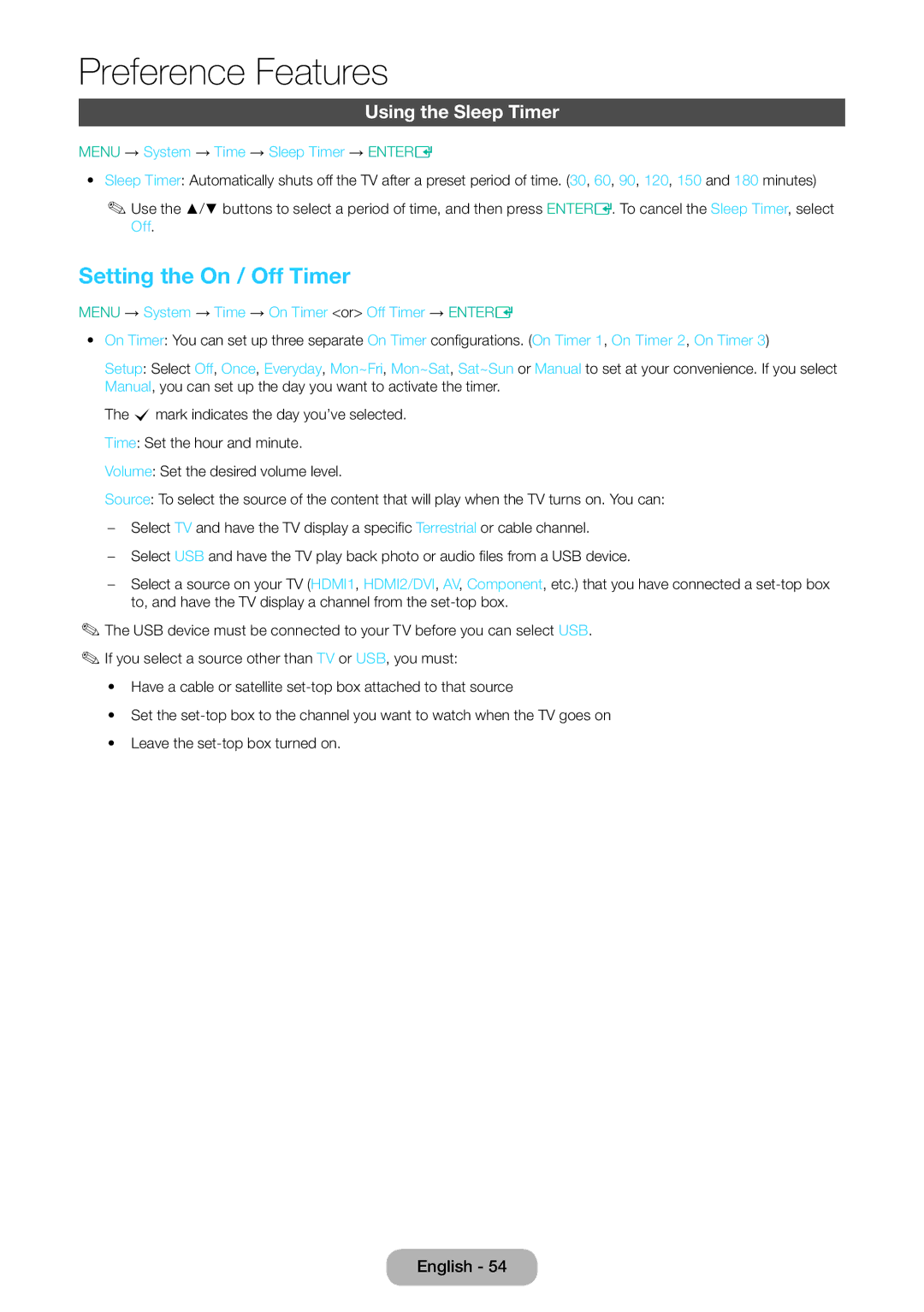 Samsung LT24E310EXQ/XE Setting the On / Off Timer, Using the Sleep Timer, Menu → System → Time → Sleep Timer → Entere 