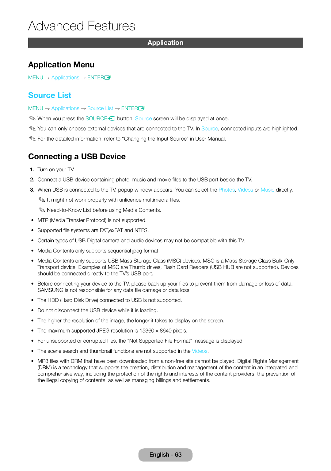 Samsung LT28E310EXQ/EN, LT32E310EXQ/EN, LT32E310EW/EN, LT28E310EW/EN Application Menu, Source List, Connecting a USB Device 