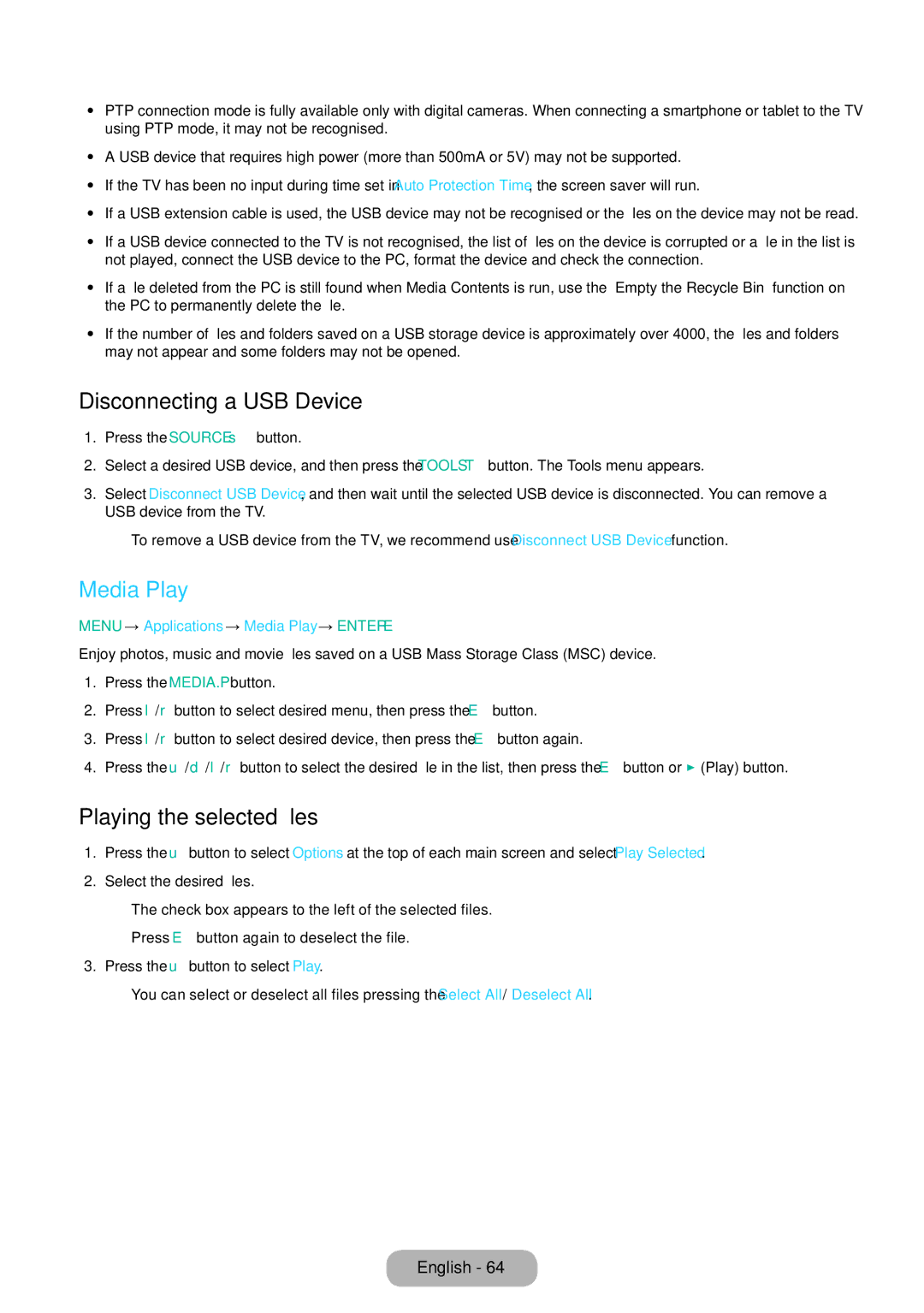 Samsung LT24E310EW/EN, LT32E310EXQ/EN, LT32E310EW/EN Disconnecting a USB Device, Media Play, Playing the selected files 