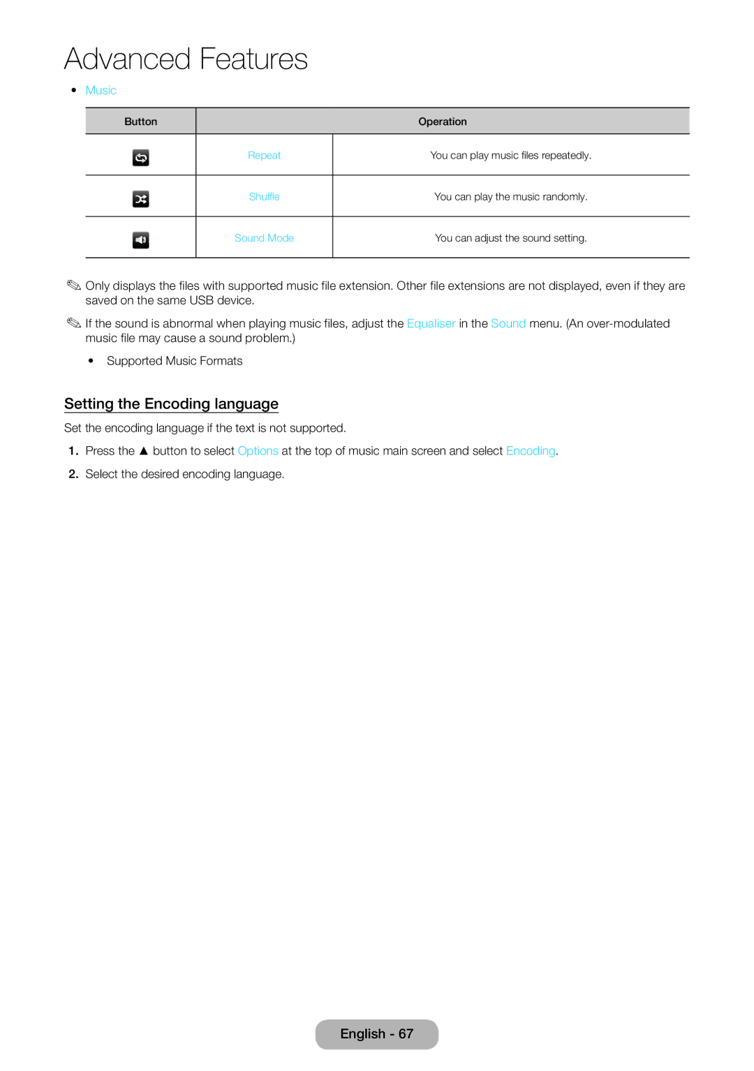 Samsung LT24E310EX/EN, LT32E310EXQ/EN, LT32E310EW/EN, LT28E310EW/EN, LT28E310EXQ/EN manual Setting the Encoding language, Music 