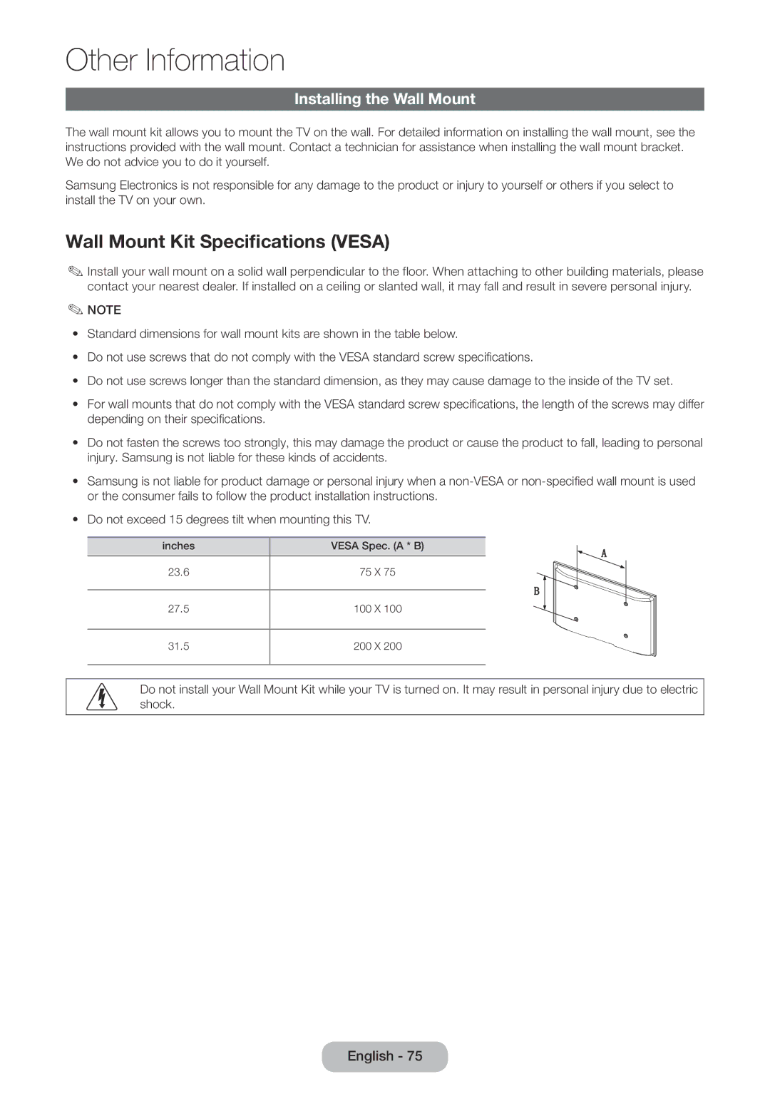 Samsung LT32E310EXQ/EN, LT32E310EW/EN, LT28E310EW/EN manual Wall Mount Kit Specifications Vesa, Installing the Wall Mount 