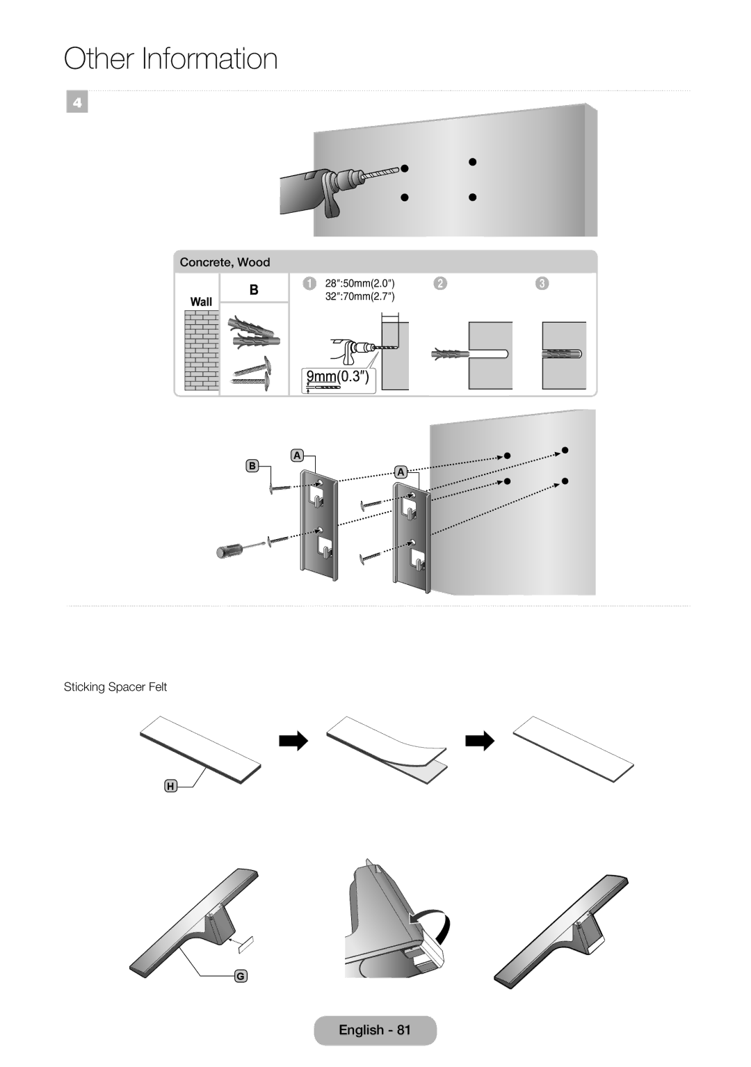 Samsung LT32E310EX/EN, LT32E310EXQ/EN, LT32E310EW/EN, LT28E310EW/EN, LT28E310EXQ/EN, LT24E310EW/EN manual Concrete, Wood 