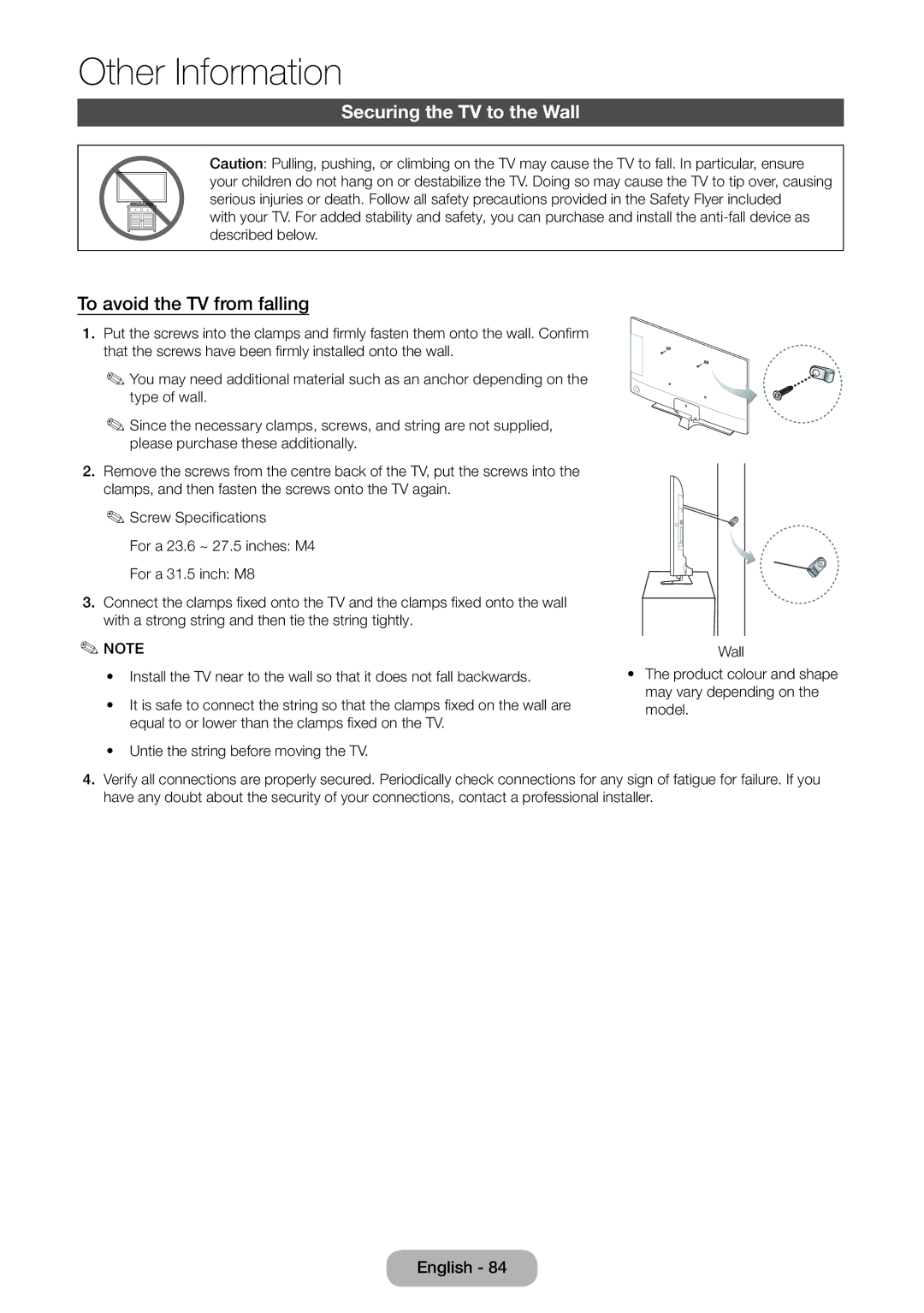 Samsung LT24E310EXQ/XE, LT32E310EXQ/EN, LT32E310EW/EN manual Securing the TV to the Wall, To avoid the TV from falling 