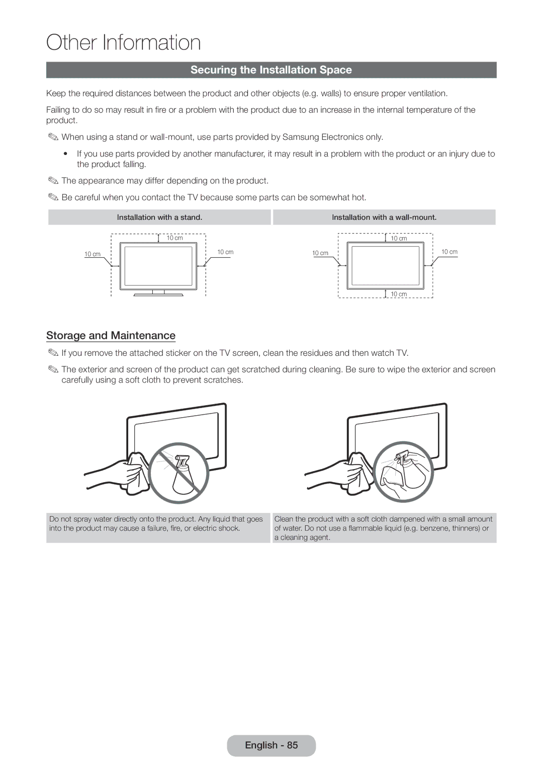 Samsung LT32E310EXQ/XE, LT32E310EXQ/EN, LT32E310EW/EN manual Securing the Installation Space, Storage and Maintenance 