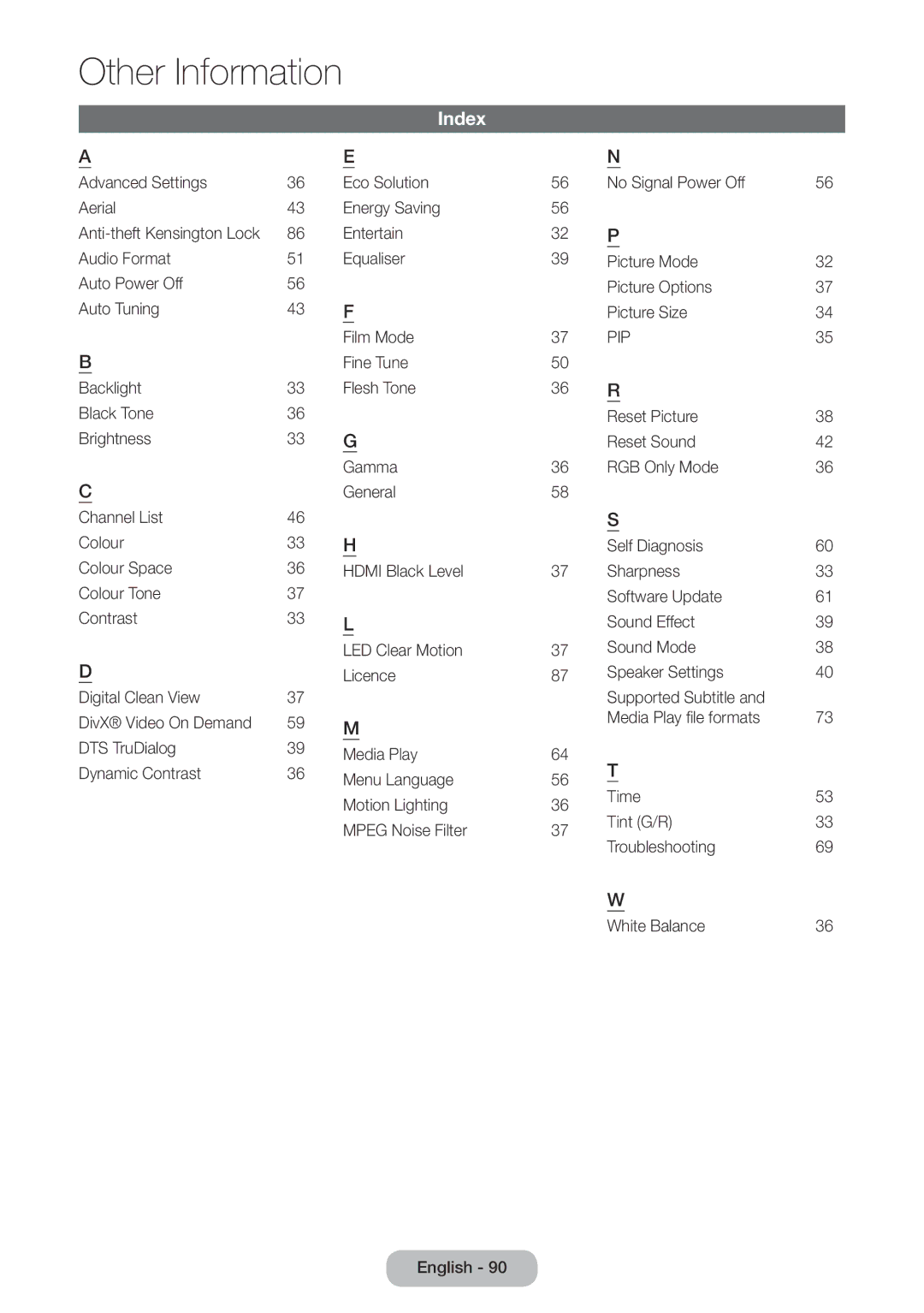 Samsung LT32E310EXQ/EN, LT32E310EW/EN, LT28E310EW/EN, LT28E310EXQ/EN, LT24E310EW/EN, LT28E310EX/EN, LT32E310EX/EN Index, Pip 