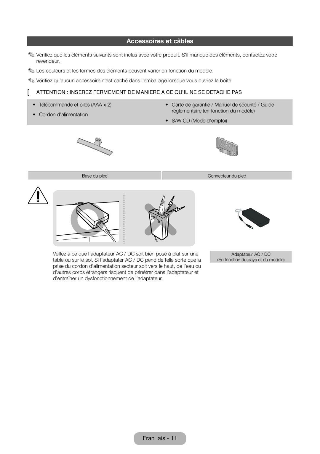 Samsung LT24E310EW/EN, LT32E310EXQ/EN, LT32E310EW/EN, LT28E310EW/EN, LT28E310EXQ/EN, LT28E310EX/EN manual Accessoires et câbles 