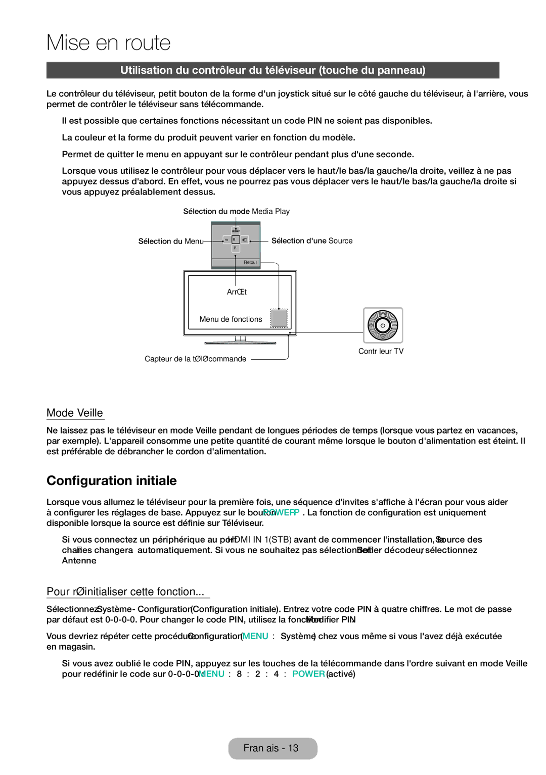 Samsung LT32E310EX/EN manual Configuration initiale, Utilisation du contrôleur du téléviseur touche du panneau, Mode Veille 