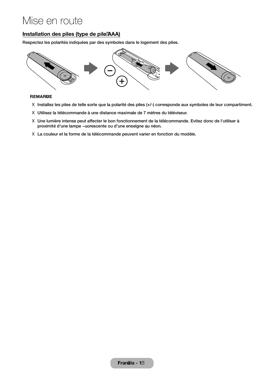 Samsung LT32E310EW/EN, LT32E310EXQ/EN, LT28E310EW/EN, LT28E310EXQ/EN manual Installation des piles type de pile AAA, Remarque 