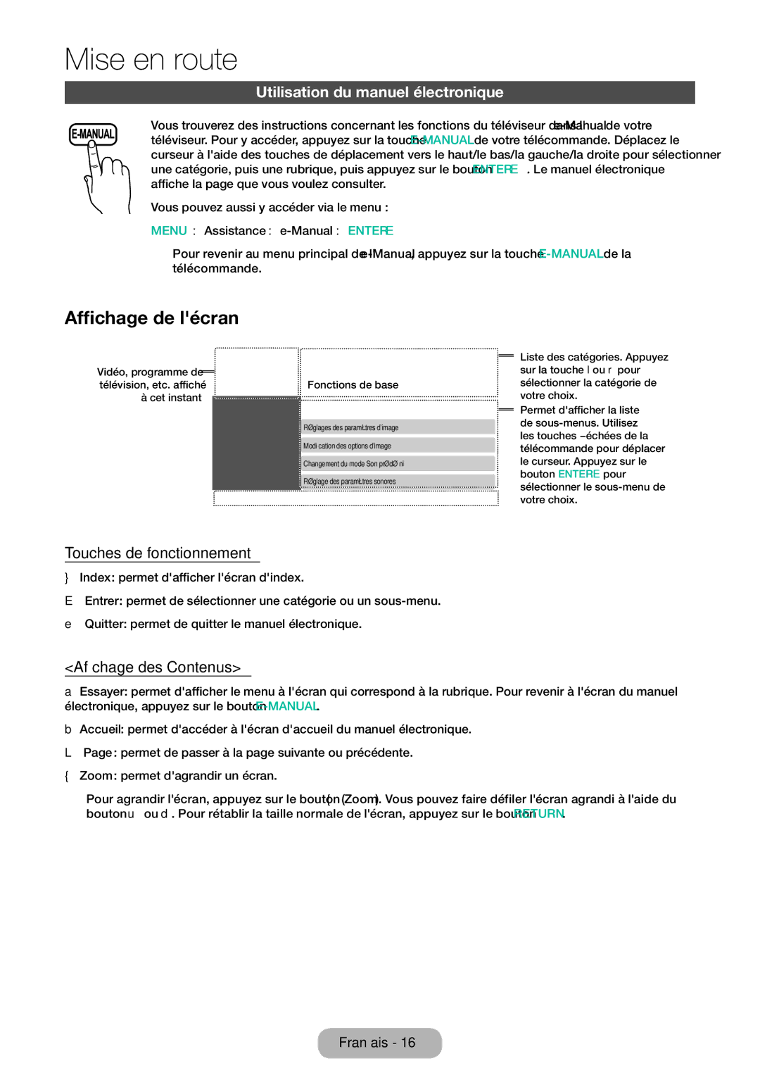 Samsung LT28E310EW/EN, LT32E310EXQ/EN Affichage de lécran, Utilisation du manuel électronique, Touches de fonctionnement 