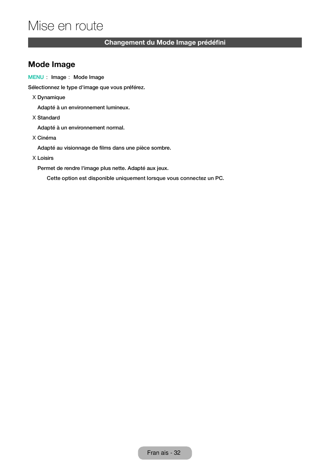 Samsung LT24E310EW/EN, LT32E310EXQ/EN, LT32E310EW/EN, LT28E310EW/EN, LT28E310EXQ/EN Changement du Mode Image prédéfini 