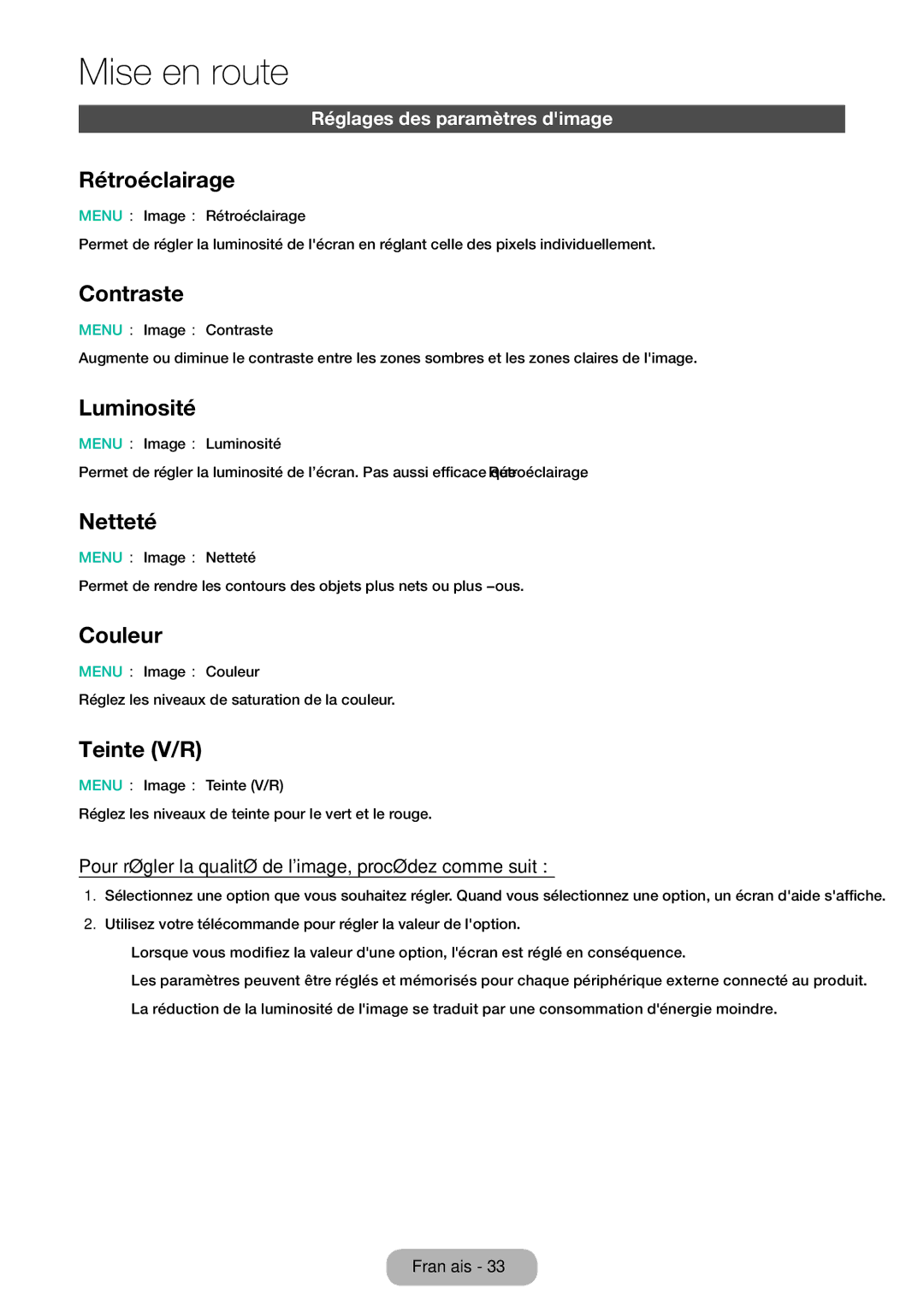 Samsung LT28E310EX/EN, LT32E310EXQ/EN, LT32E310EW/EN Rétroéclairage, Contraste, Luminosité, Netteté, Couleur, Teinte V/R 