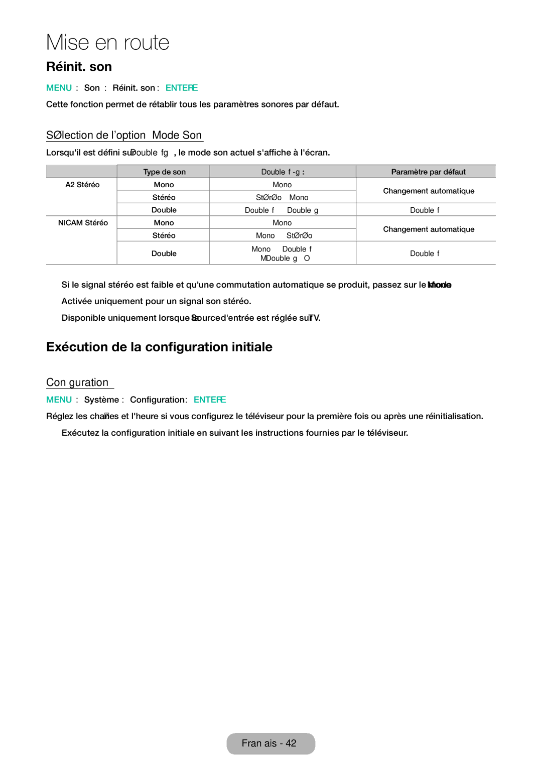 Samsung LT32E310EXQ/EN Réinit. son, Exécution de la configuration initiale, Sélection de loption Mode Son, Configuration 