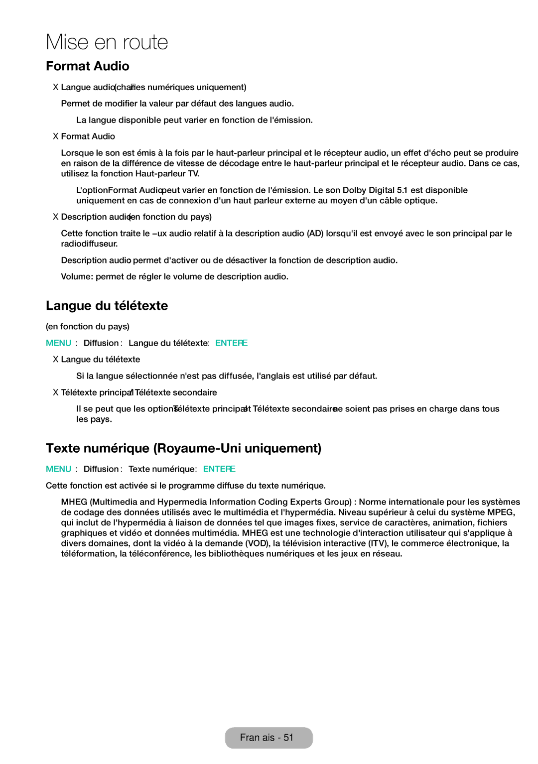 Samsung LT28E310EW/EN, LT32E310EXQ/EN manual Format Audio, Langue du télétexte, Texte numérique Royaume-Uni uniquement 