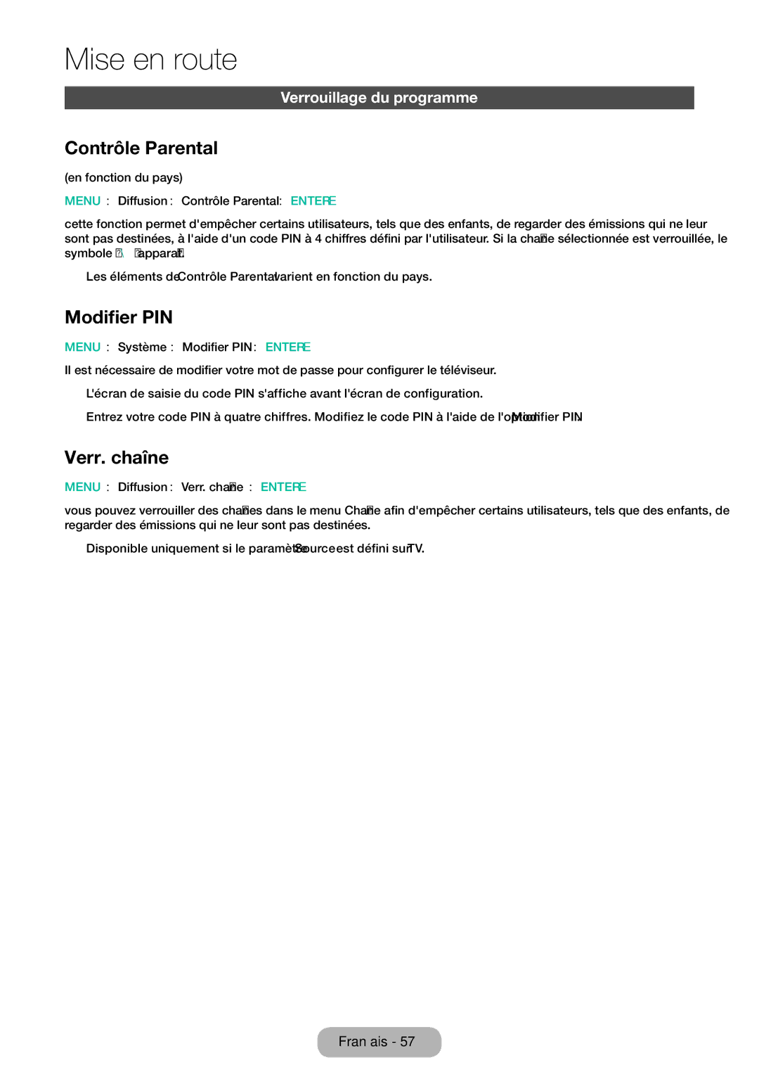 Samsung LT32E310EW/EN, LT32E310EXQ/EN manual Contrôle Parental, Modifier PIN, Verr. chaîne, Verrouillage du programme 