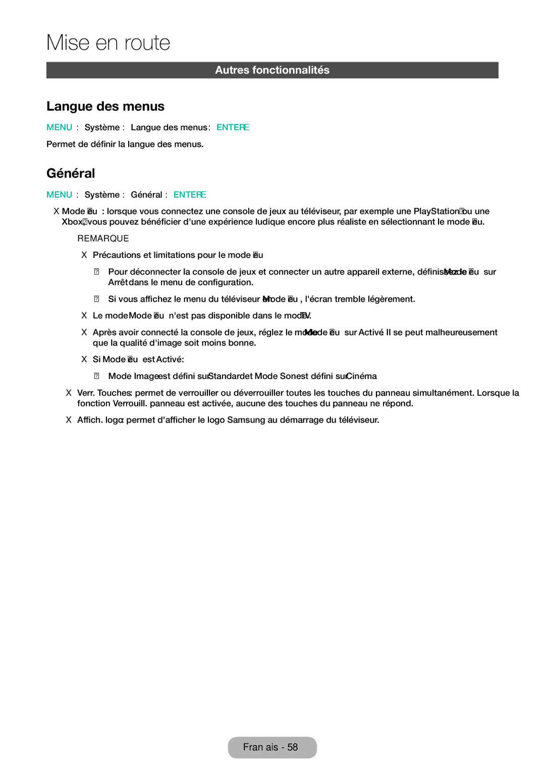 Samsung LT28E310EW/EN manual Général, Menu → Système → Langue des menus → Entere, Permet de définir la langue des menus 