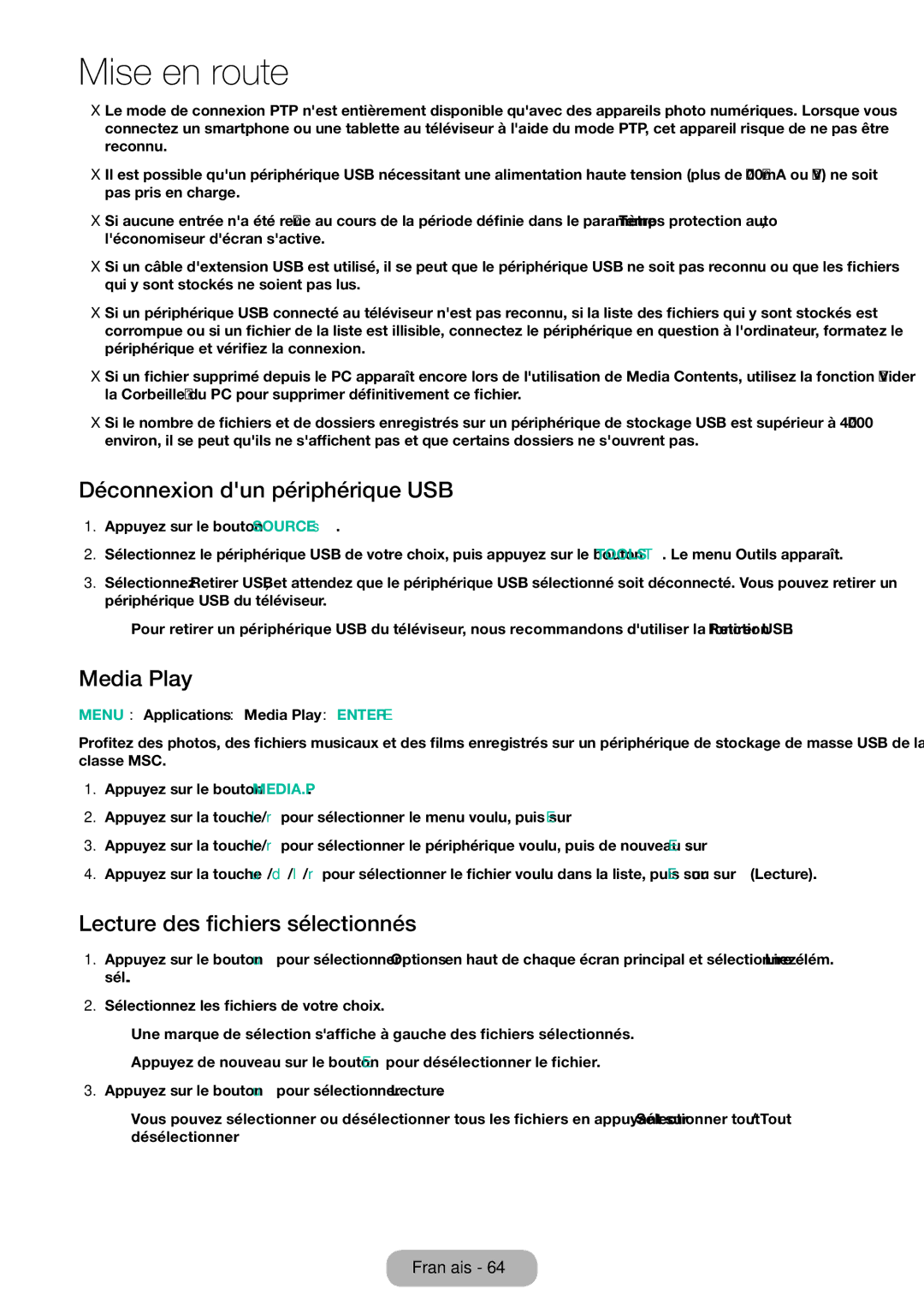 Samsung LT32E310EW/EN, LT32E310EXQ/EN manual Déconnexion dun périphérique USB, Media Play, Lecture des fichiers sélectionnés 