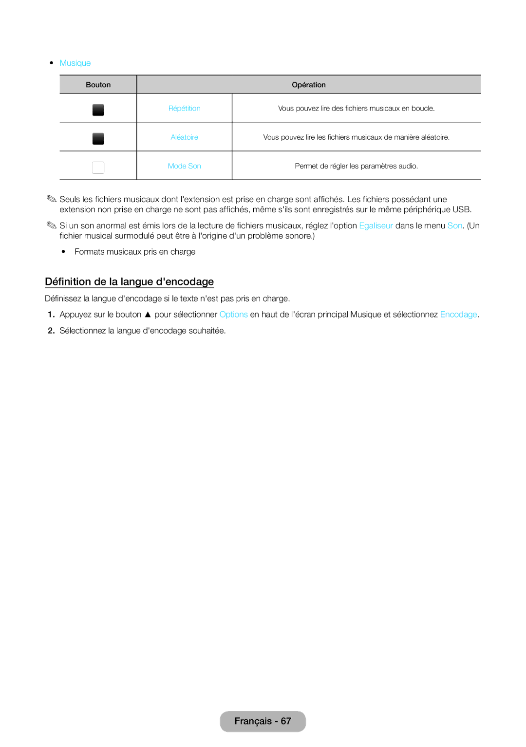 Samsung LT24E310EW/EN, LT32E310EXQ/EN, LT32E310EW/EN, LT28E310EW/EN, LT28E310EX/EN Définition de la langue dencodage, Musique 