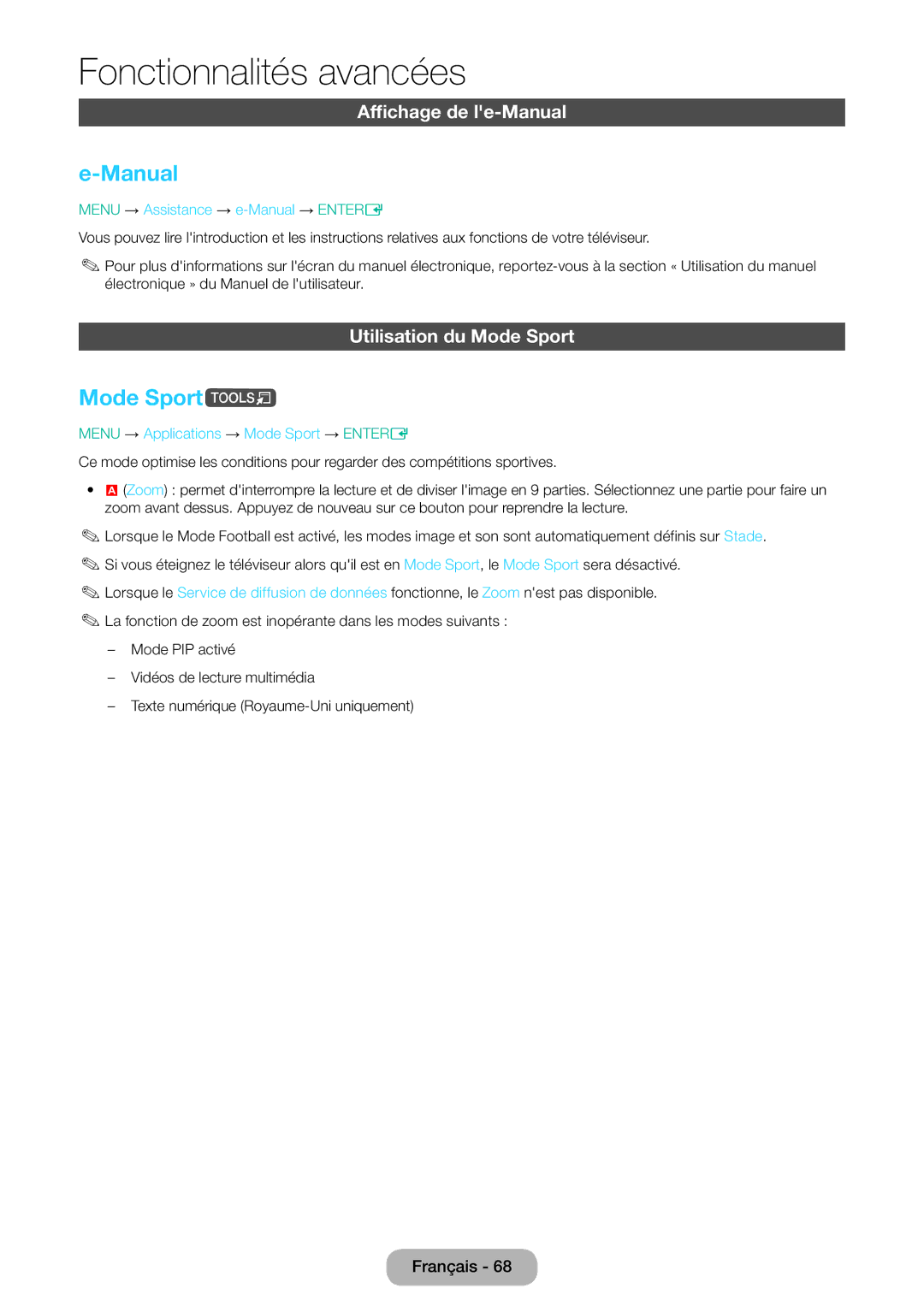 Samsung LT28E310EX/EN, LT32E310EXQ/EN, LT32E310EW/EN Mode Sportt, Affichage de le-Manual, Utilisation du Mode Sport 