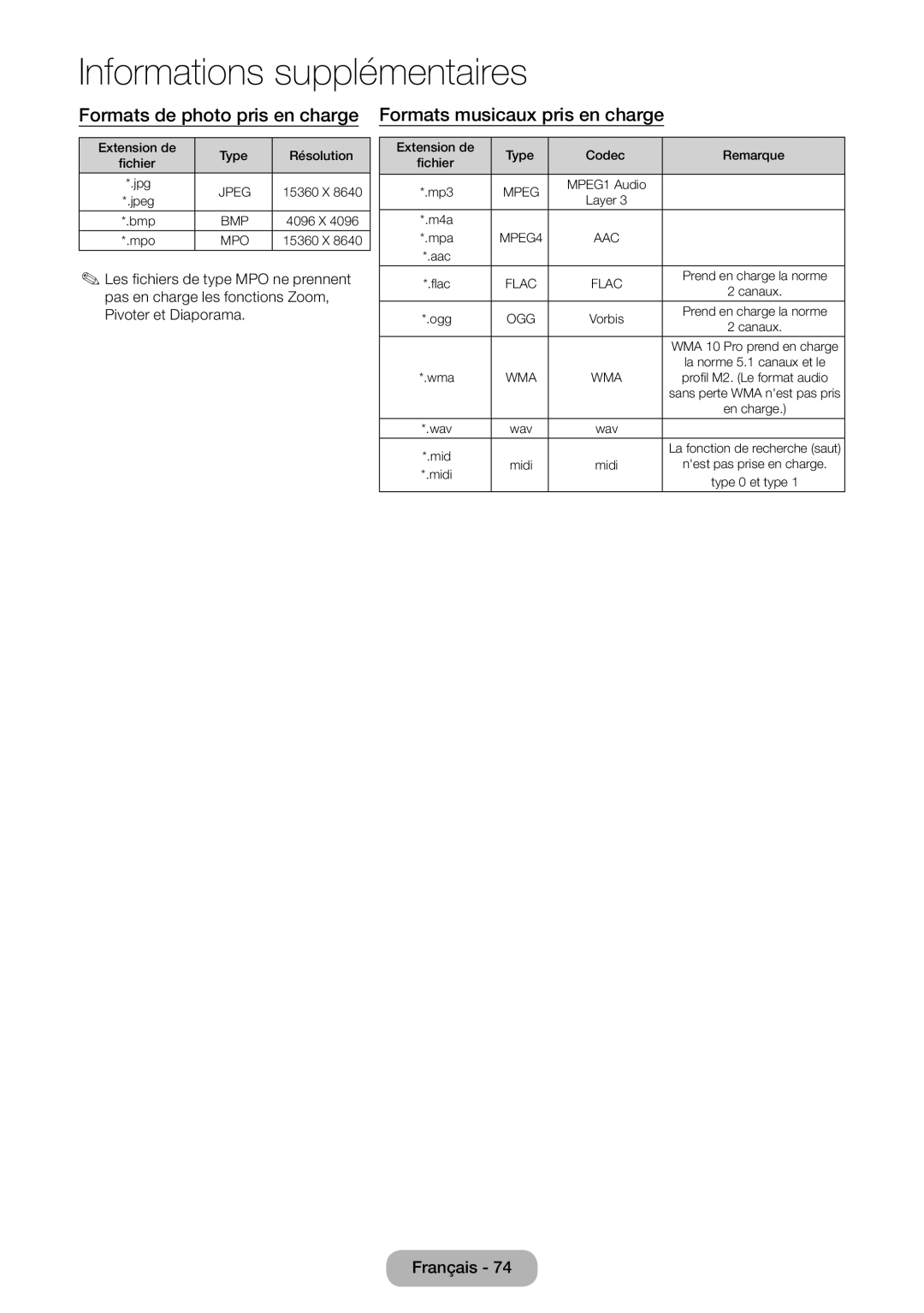 Samsung LT24E310EW/EN, LT32E310EXQ/EN, LT32E310EW/EN manual Formats de photo pris en charge, Formats musicaux pris en charge 