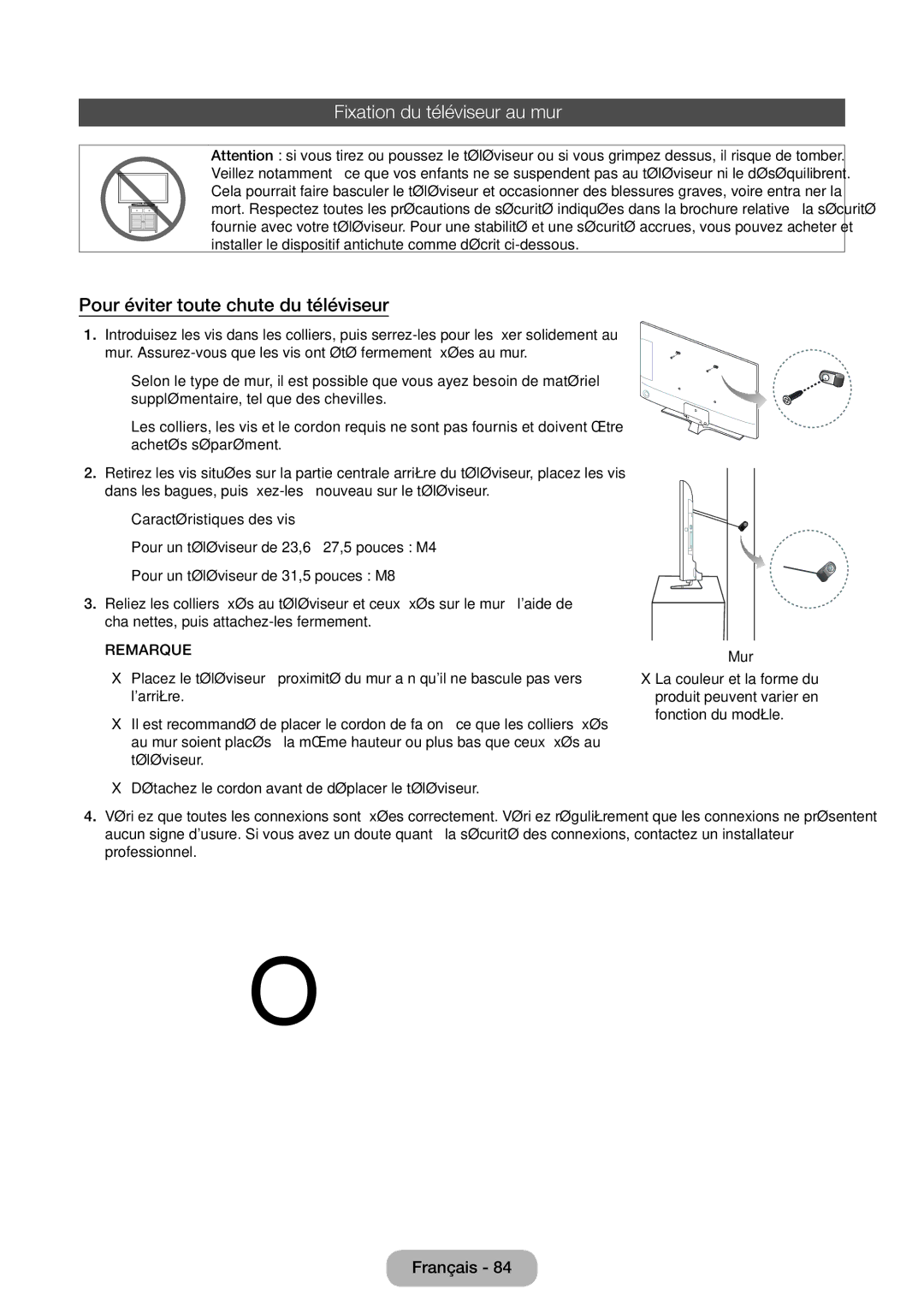 Samsung LT32E310EXQ/EN, LT32E310EW/EN, LT28E310EW/EN Fixation du téléviseur au mur, Pour éviter toute chute du téléviseur 