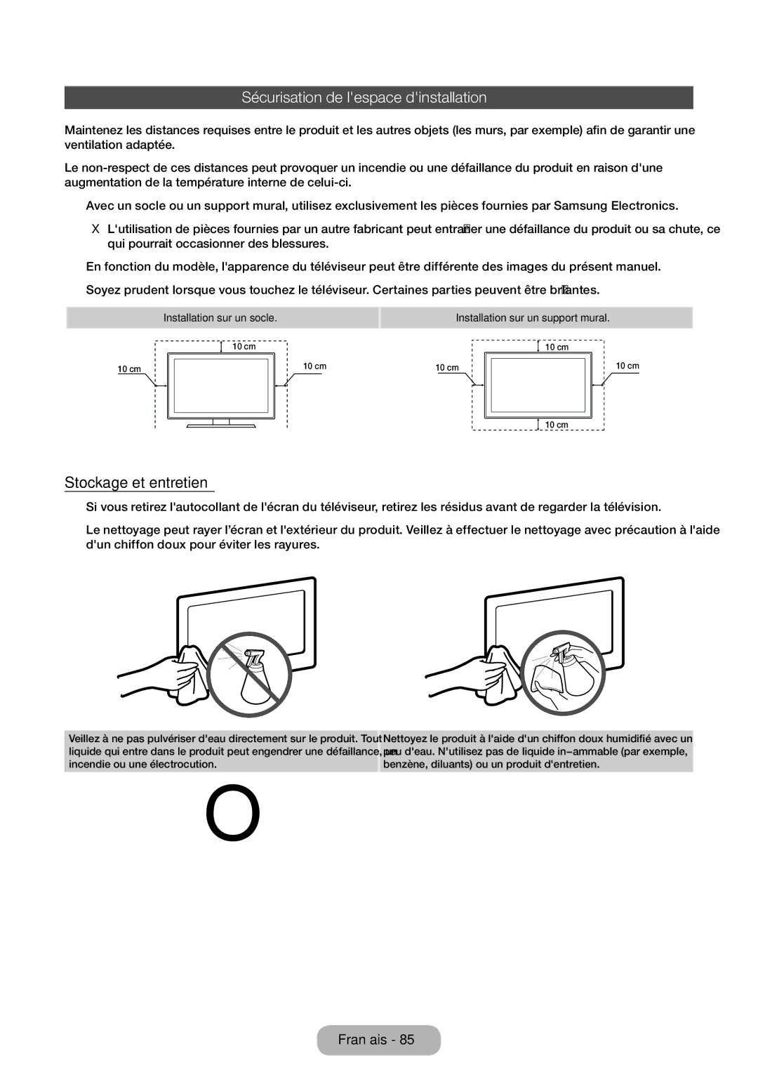 Samsung LT32E310EW/EN, LT32E310EXQ/EN, LT28E310EW/EN manual Sécurisation de lespace dinstallation, Stockage et entretien 