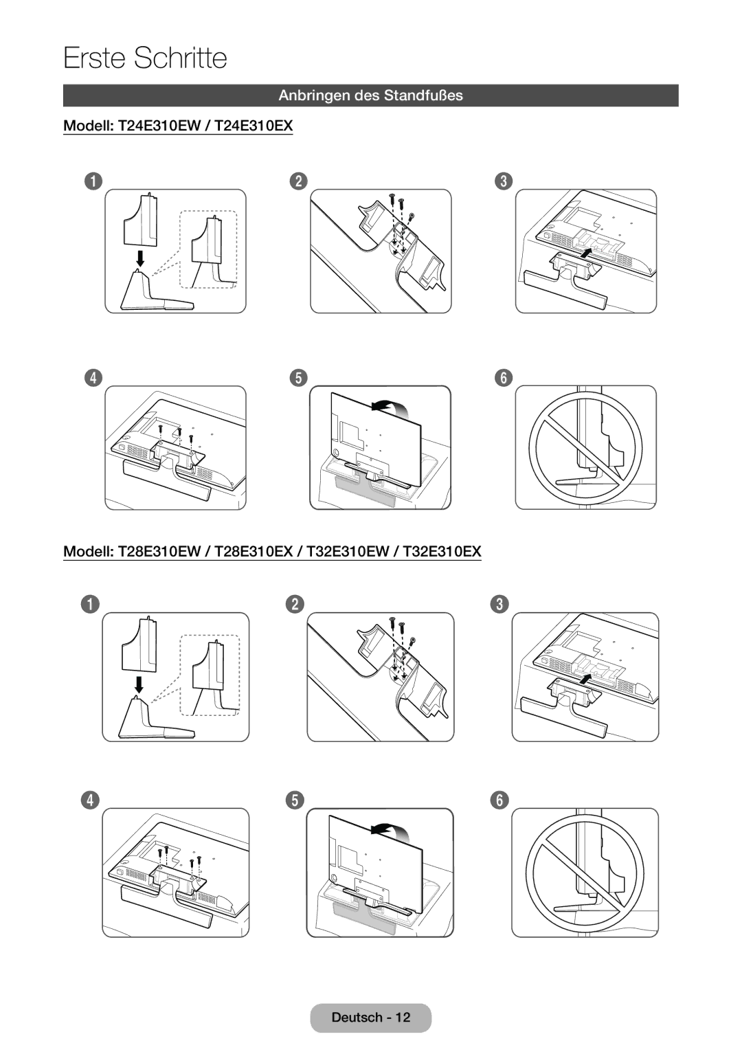 Samsung LT28E310EX/EN, LT32E310EXQ/EN, LT32E310EW/EN, LT28E310EW/EN, LT28E310EXQ/EN, LT24E310EW/EN Anbringen des Standfußes 