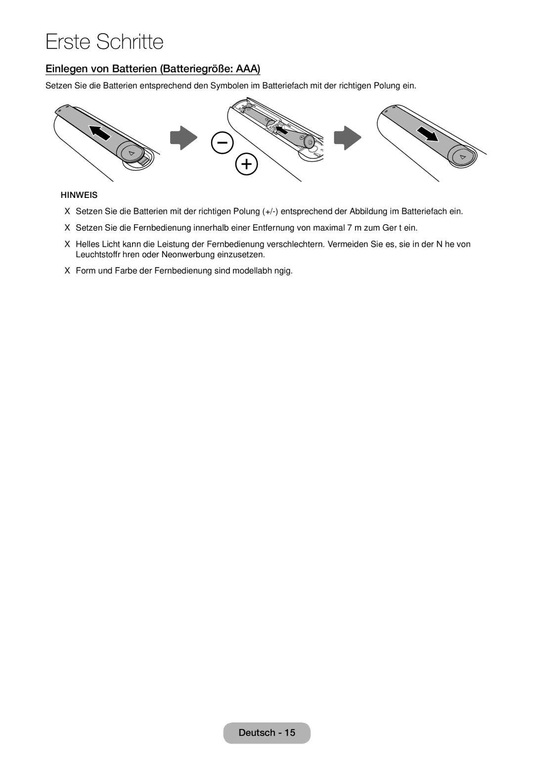 Samsung LT32E310EW/EN, LT32E310EXQ/EN, LT28E310EW/EN, LT28E310EXQ/EN manual Einlegen von Batterien Batteriegröße AAA, Hinweis 